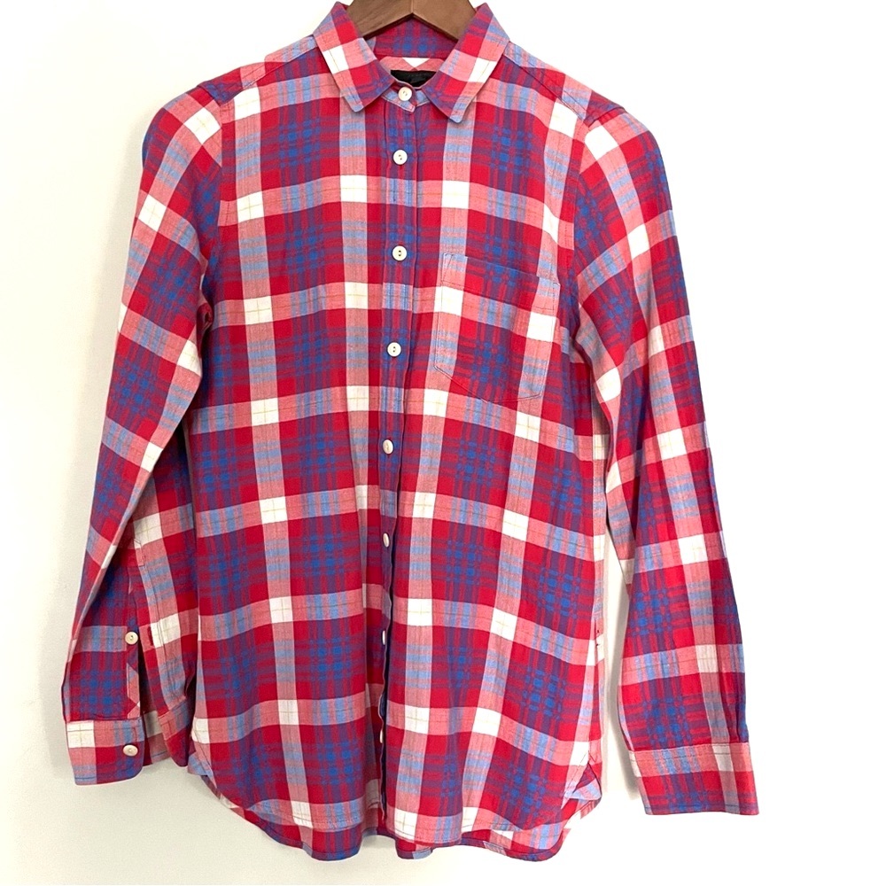J CREW Long Sleeve Collared Cotton Blend Plaid Shirt Red Blue Women’s 00 (XXS)